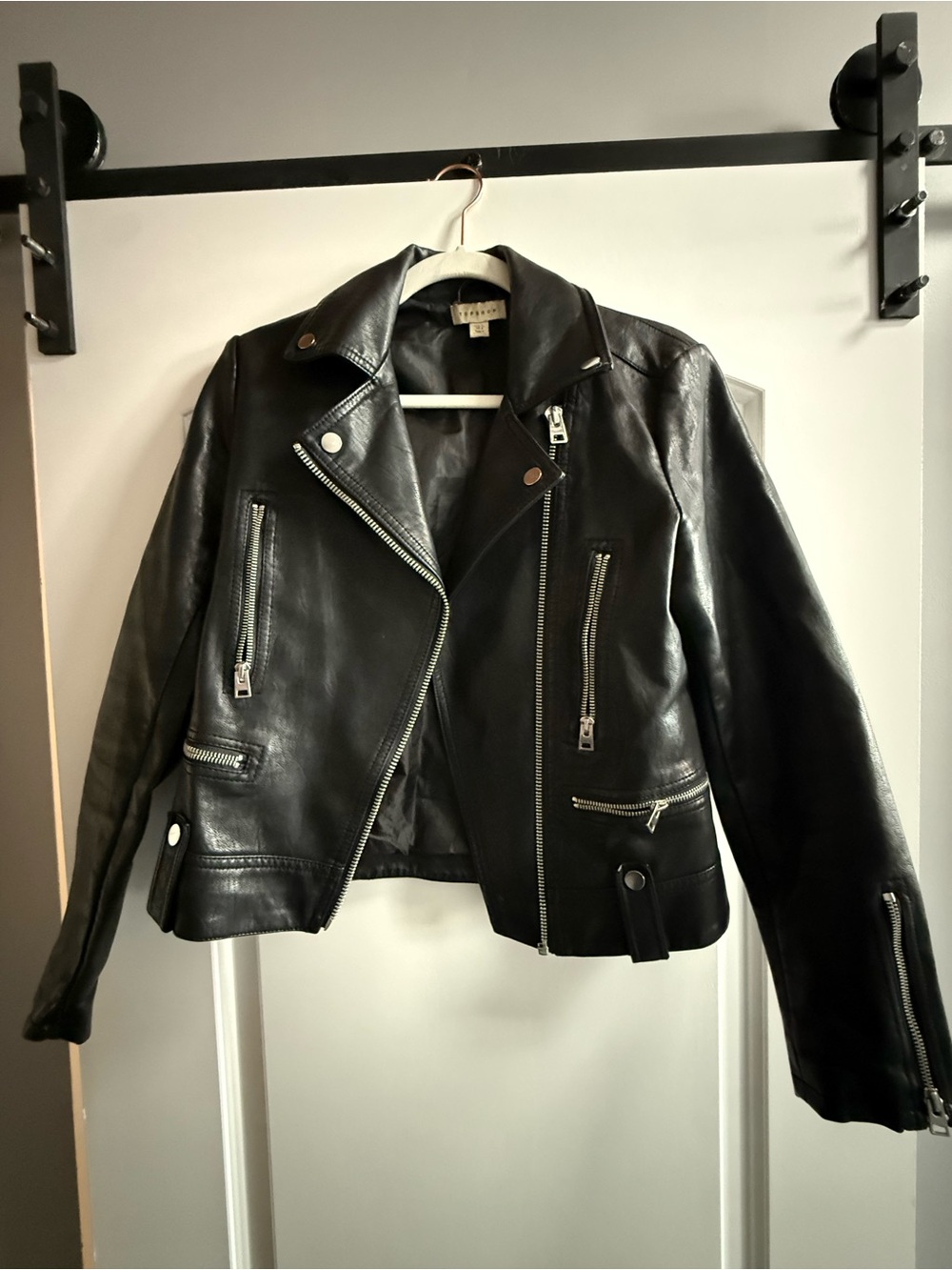 Topshop Black Faux Leather Moto Biker Jacket US 4 / UK 8 Zip Detail